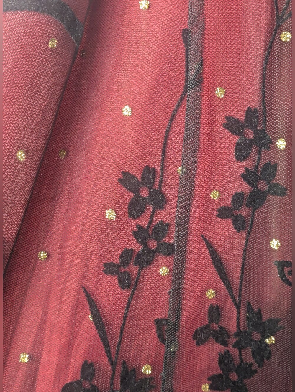Coldwater Creek P6 Burgundy Black Floral Mesh Overlay Midi Dress - Picture 9 of 10